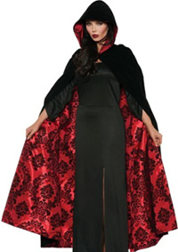 63 inch deluxe black velvet Underwraps black with red flocked satin lining hooded cape