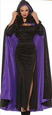 Black velvet Underwraps purple satin lined hooded cape.