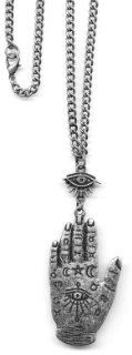 Burnished silvertone 27 inch chain with hand brace of life pendant
