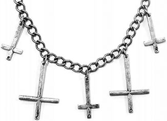 Burnished silvertone five inverted crosses necklace on chain.