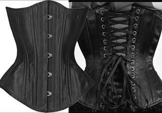 Timeless Trends/BLack Iris black satin hourglass corset with  20 flexible steel spiral stays, 6 steel bars, steel busk, back flat cord lacing