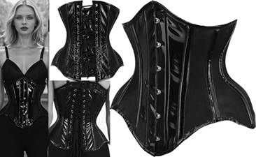 Bunny Corsets underbust black vinyl and mesh coil and flat steel boned Madailein curvy corset with busk, back lacing