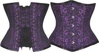 Bunny Corsets underbust purple floral poly brocade coil and flat steel boned Luna waist trainer corset with busk, back lacing