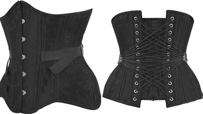 Bunny Corsets underbust black floral poly brocade coil and flat steel boned Kynsley waist trainer corset with busk, back lacing