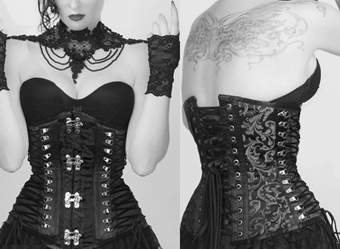 Bunny Corsets underbust Louise black floral brocade with side and back lacing, 4 swing locks, coil and steel boning