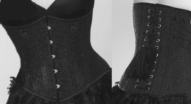 Bunny Corsets underbust black floral brocade waist training coil and flat steel boned Kataleya corset with busk, back lacing