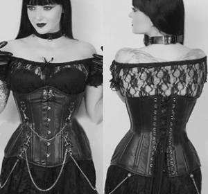 Bunny Corsets underbust black faux leather coil steel boned Maryam corset with chain,. busk, back lacing