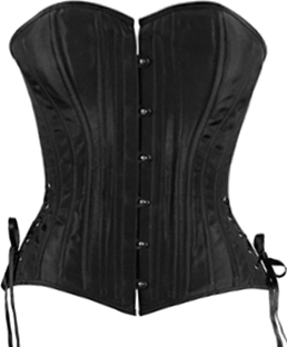 Timeless Trends black taffeta overbust corset with front busk, side and back ribbon lacing, modesty panel, 20 steel flexible stays