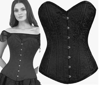Bunny Corsets overbust black floral poly brocade coil steel boned Ryan waist trainer corset with busk, back lacing