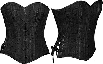 Timeless Trends/Black Iris black rose brocade floral slim overbust corset with front busk with 3 eyelet lacing at bust, back lacing