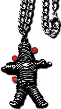 Fad voodoo doll with pins antique silver finish necklace on black cord.