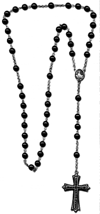 Fad black beaded rosary necklace with cross.