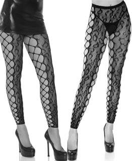 Leg Ave black leopard footless crotchless tights with side net panel