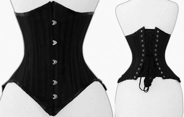 Black lace up rib cotton brocade underbust corset with front steel busk, steel flat and coil boning, lace up back, vanity panel