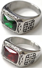 Stainless steel green or red stone ring