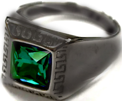 Stainless steel black plated green stone ring