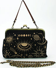 Celestial embroidered kisslock bag in linen blend fabric