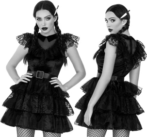 Leg Ave. black organza Raving Rebel tiered ruffled black long sleeve dress with belt, hair clip.