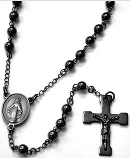 Stainless steel black plated 6mm rosary bead necklace with cross