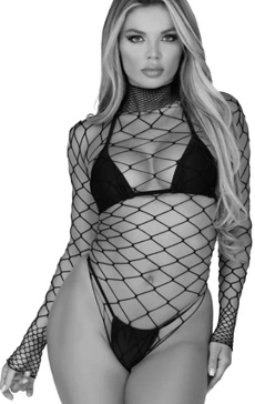 Leg. Ave. black high neck fence net long sleeve ladies' bodysuit, thong