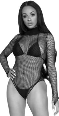 Leg Ave black fishnet high neck long sleeve bodysuit with snap crotch