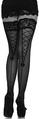 Leg Ave black stay up top sheer thigh high stockings with faux lace up back seam