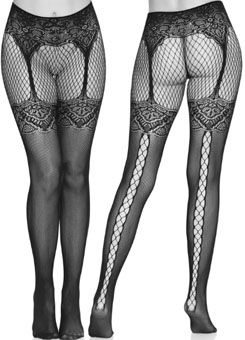 Leg Ave black faux garter belt fishnet pantyhose with lace up back seam