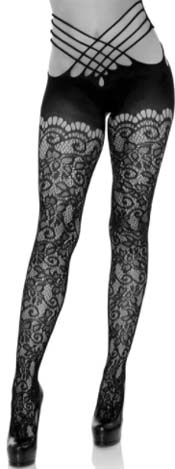 Leg Ave black vine lace strappy wrap around open back crotchles tights/pantyhose