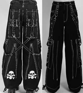 Tripp NYC black/red stitch cotton wide leg Back Up Skull mens/unisex pants with straps, zips