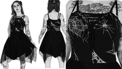 Heartless black cotton poly spaghetti strap spiderweb Arhana chiffon skirted dress