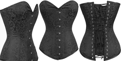 Bunny Corsets overbust waist trainer Daphnah back laced, coil steel boned black floral brocade corset