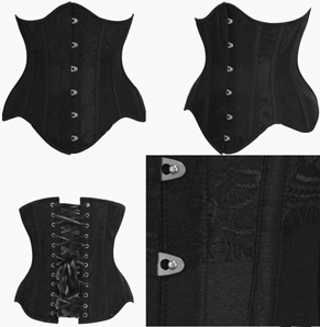 Bunny Corsets underbust curvy black poly dupion with cotton lining poly coil and flat steel boned Kurt corset with busk, back lacing