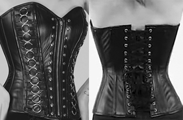 Bunny Corsets overbust black faux leather coil boned Daylon corset with o-rings, studs, front zip, back lacing