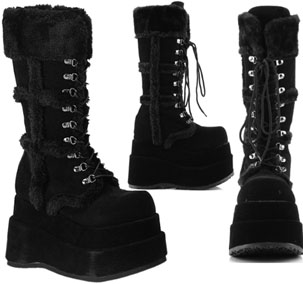 Pleaser/Demonia black faux fur Bear 4 1/2 inch tiered platform lace up mid calf boot, inside zip