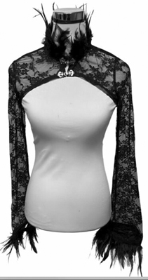 Lace gothic bolero jacket with mock neck, feathers 