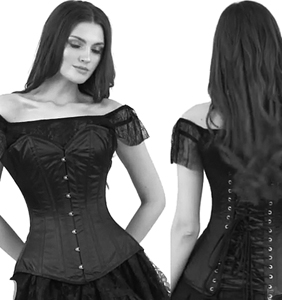 Bunny Corsets overbust Marlee black satin gothic corset with coil steel bones, back lacing, front busk