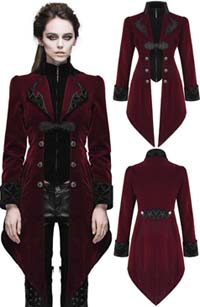 Devil Fashion gothic women's red paisley tailcoat with lace embroidery