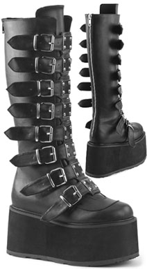 Pleaser/Demonia black pu metal plate 8 buckle strap 3 1/2 inch platform women's knee high Damned boot with back zip