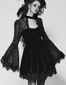 Dark in Love black velvet/floral lace flared sleeve dress 