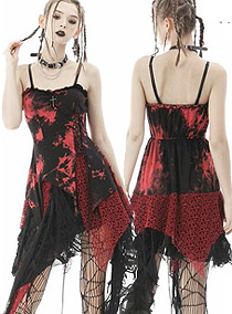 Dark in Love black punk rock irregular hem net tie dye red strap dress