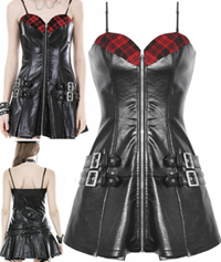 Dark in Love black Locomotive pu punk rock belted pleated mini dress with red plaid inset, buckle straps, spaghetti straps 