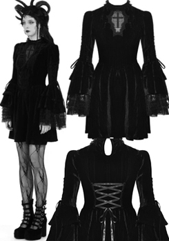 Dark in Love gothic black haunted cross bell sleeve short dress with back lacing