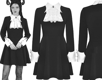 Dark in Love gothic princess ruffle white contrast neck/cuffs black dress