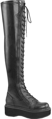 Pleaser/Demonia black vinyl 2 inch platform women's Emily thigh high lace up boot with outer zip