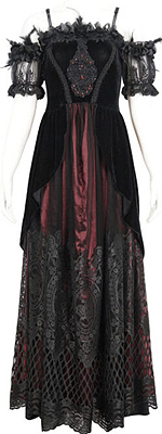 Eva Lady black velvet/mesh burgundy satin off shoulder maxi dress