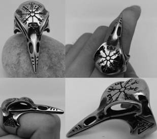 Viking skull crow head stainless steel ring