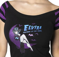 Kreepsville Elvira Mistress of the Dark Moon Crescent Glitter purple stripe sleeve ladies' tshirt