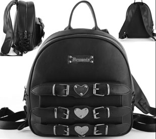 Pleaser Demonia black vinyl mini backpack with 3 heart buckle straps, laced up sides, inner zip pocket, padded shoulder straps 