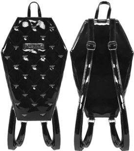 Rock Rebel black quilted bat stud coffin backpack.