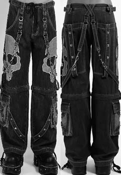 Tripp NYC black cotton faded denim Maximum skull zip off black mens/unisex pants with chain straps, pockets, eyelets